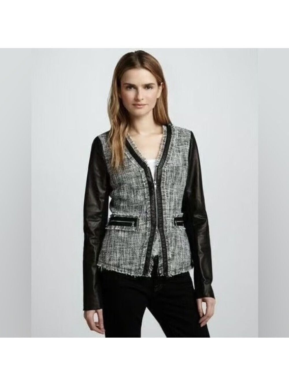 Rebecca Taylor Jacket 12 Tweed Long Sleeve Lamb Leather Lined Fringe Cruise
